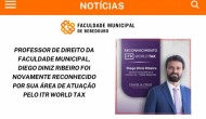 Professor de Direito da Faculdade Municipal, Diego Diniz Ribeiro foi novamente reconhecido por sua área de atuação pelo ITR World Tax