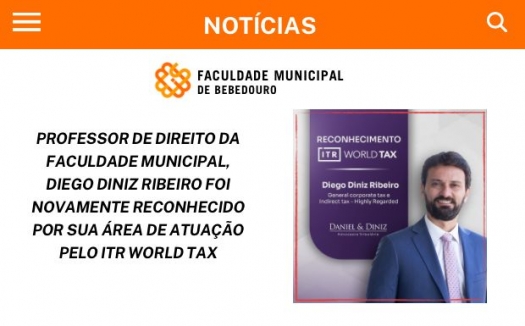 Professor de Direito da Faculdade Municipal, Diego Diniz Ribeiro foi novamente reconhecido por sua área de atuação pelo ITR World Tax