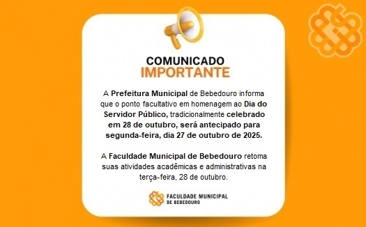 Ponto facultativo do Dia do Servidor Público é antecipado para segunda-feira, 27 de outubro, em Bebedouro