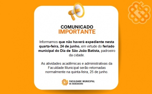 Comunicado: Feriado Municipal em Bebedouro &ndash; 24 de junho