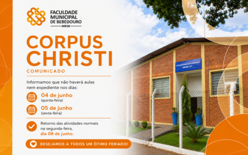 Faculdade Municipal de Bebedouro informa ponto facultativo e feriado de Corpus Christi